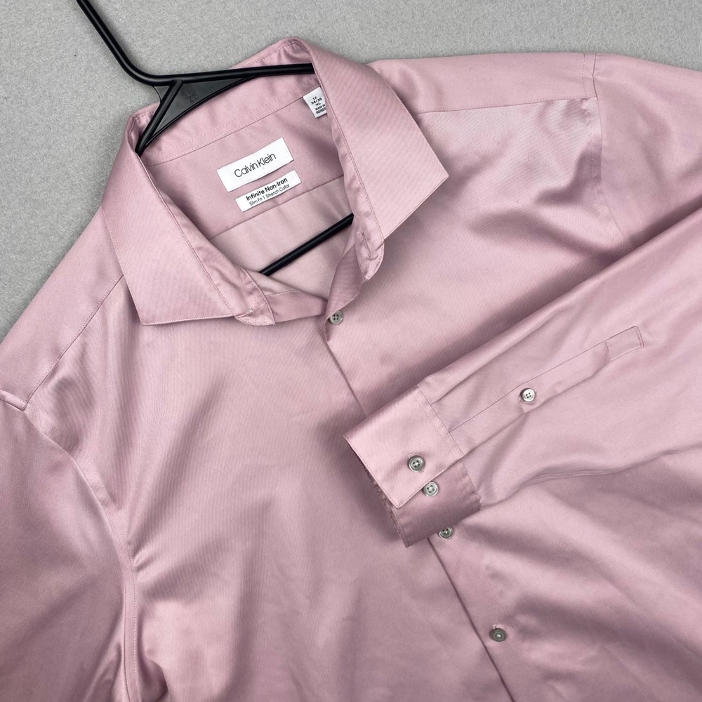 Calvin Klein Infinite Non-Iron Slim Fit Dress Shirt Pink 17 34/35 XL Cotton